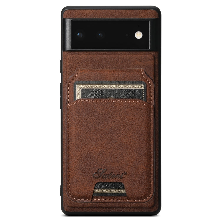 Brown leather phone case with detachable wallet card slot, litchi texture, camera cutout.