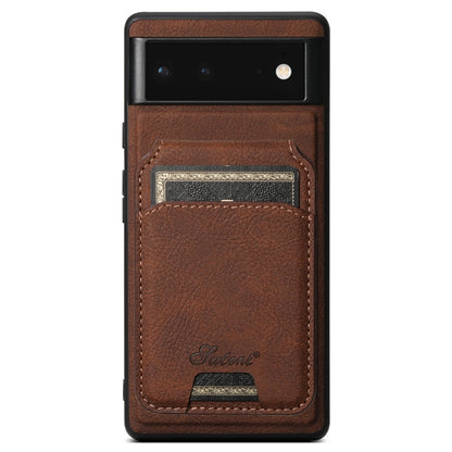 Brown leather phone case with detachable wallet card slot, litchi texture, camera cutout.