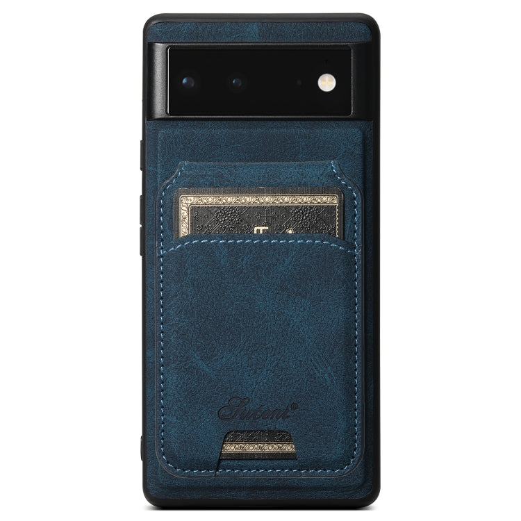 Blue leather wallet phone case with litchi texture, card slot, and camera cutout