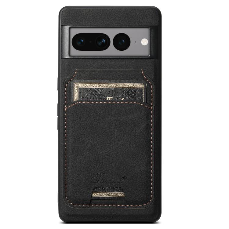 Black leather detachable wallet phone case, back view with card slot