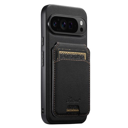 Black leather detachable wallet back phone case with card slot and stitched trim