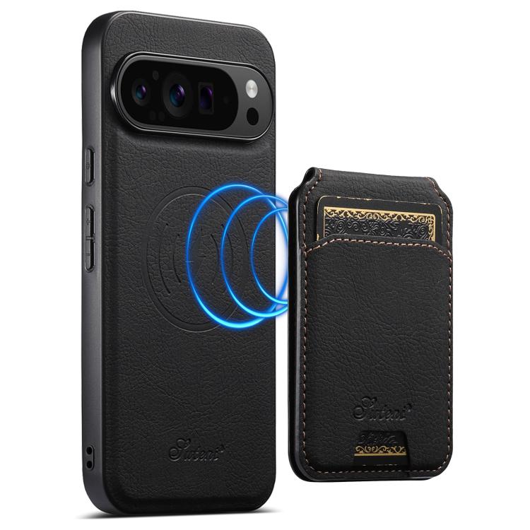 Black leather wallet-style detachable phone case with card slot and magnetic charging