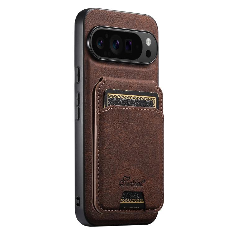Brown leather detachable wallet phone case with card sleeve and embossed brand mark