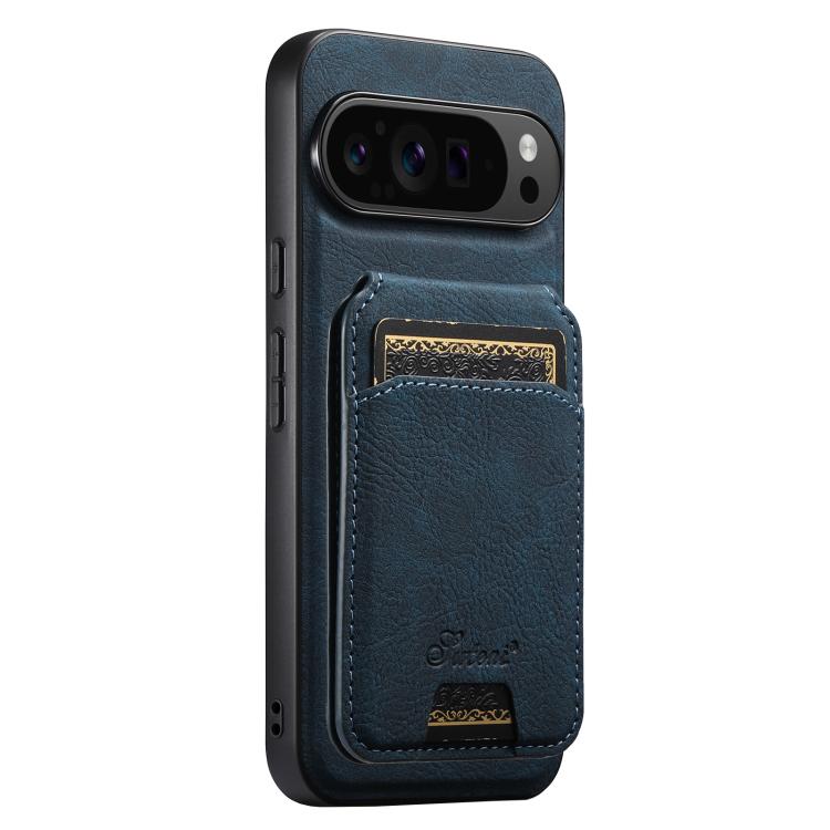 Blue leather detachable wallet phone case with card slot and stitched edges