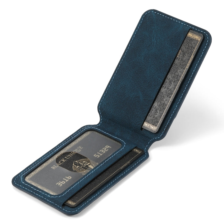 Blue leather wallet-style phone case with detachable card slot and magnetic clasp