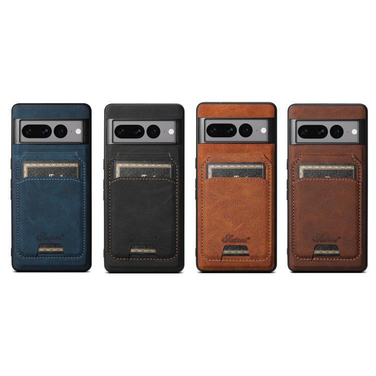 Leather wallet phone cases in blue, black, brown, and khaki with card slots and camera cutouts