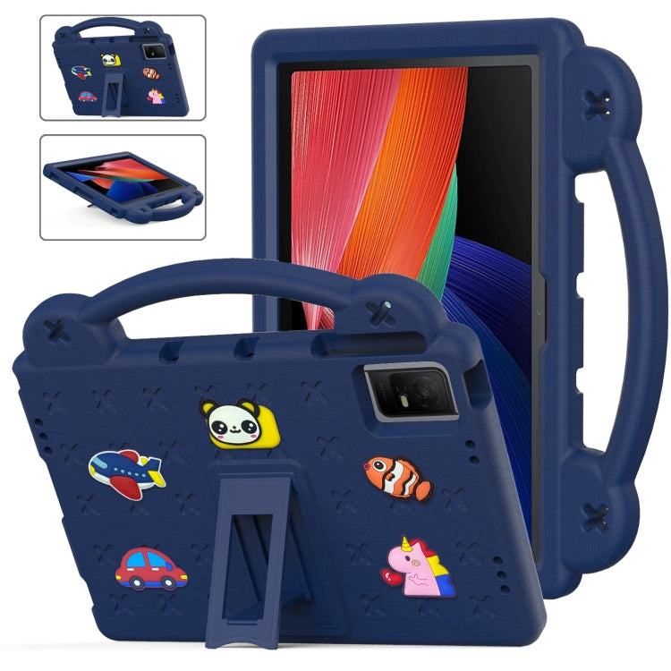 Kids EVA tablet case in dark blue with kickstand handle and cartoon animal icons