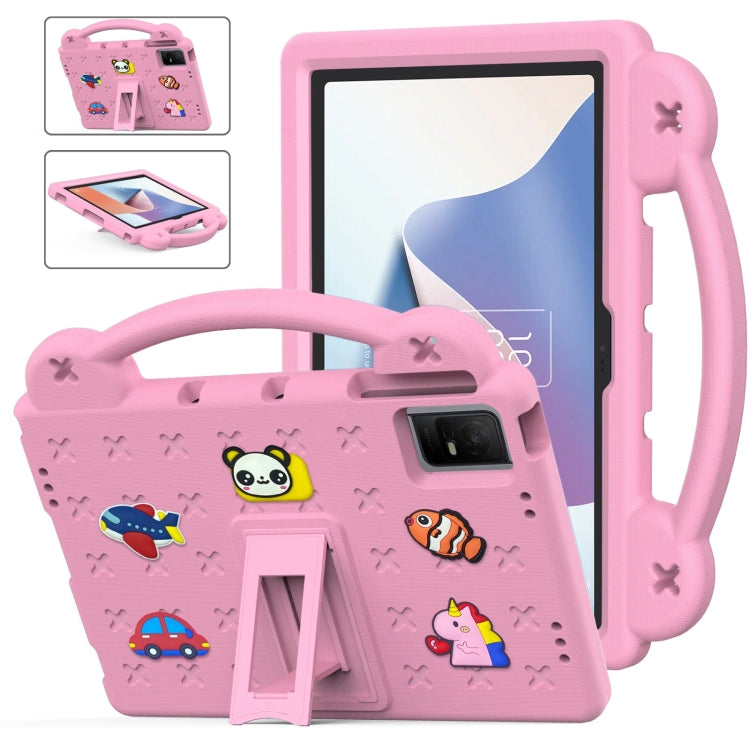 Children's EVA tablet case in pink with cartoon animals and fold-out kickstand handle