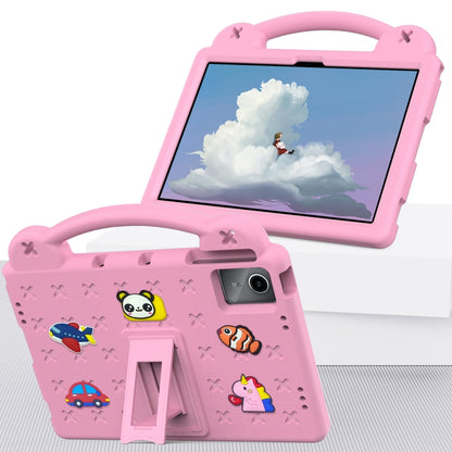 Pink kids tablet case with protective handle, kickstand, and camera cutout