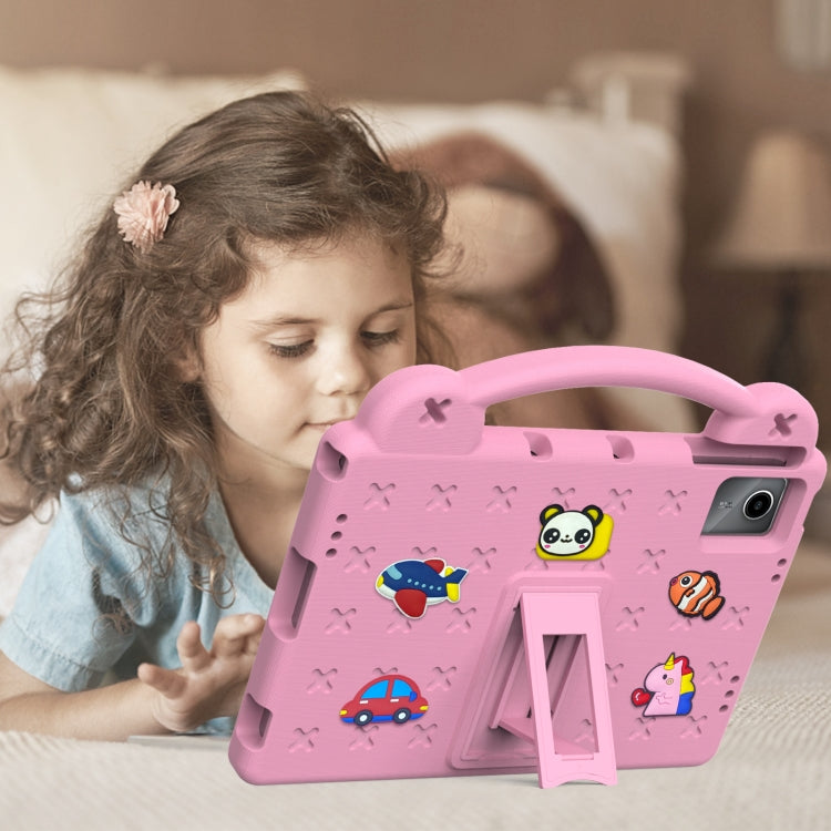 Pink EVA tablet case with kickstand, cartoon prints, and kid using tablet