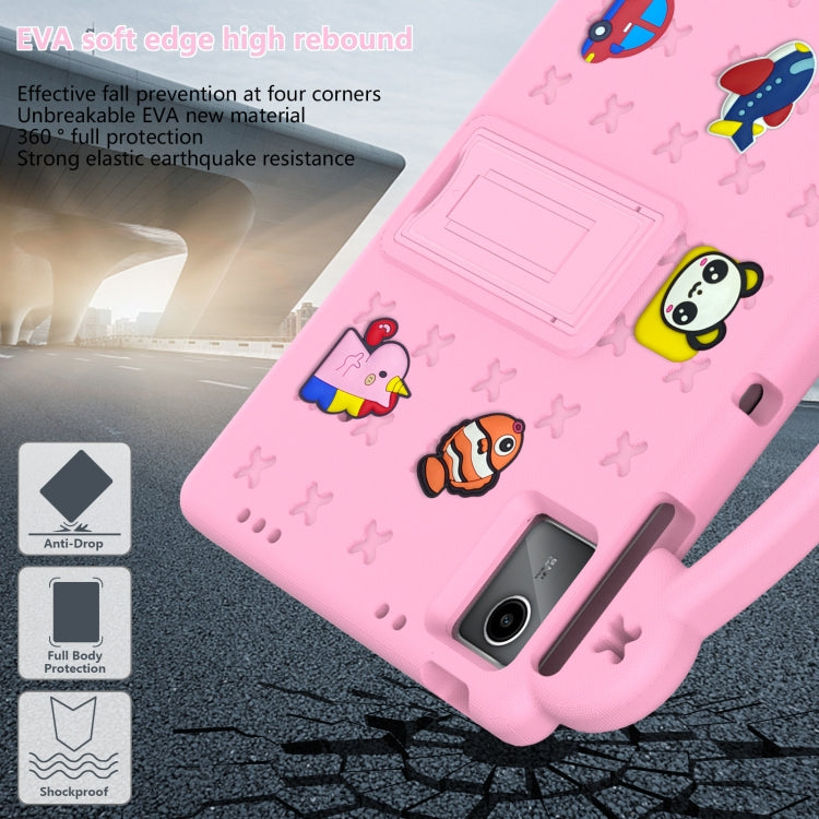 Pink EVA tablet case with protective corners, shockproof design, and kickstand