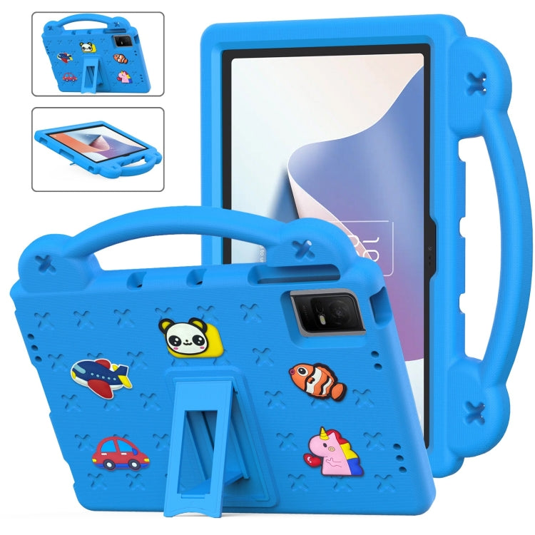 Children's EVA tablet case in blue with cartoon animals and fold-out kickstand handle