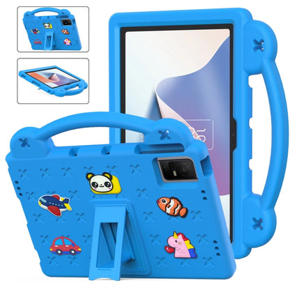 Children's EVA tablet case in blue with cartoon animals and fold-out kickstand handle