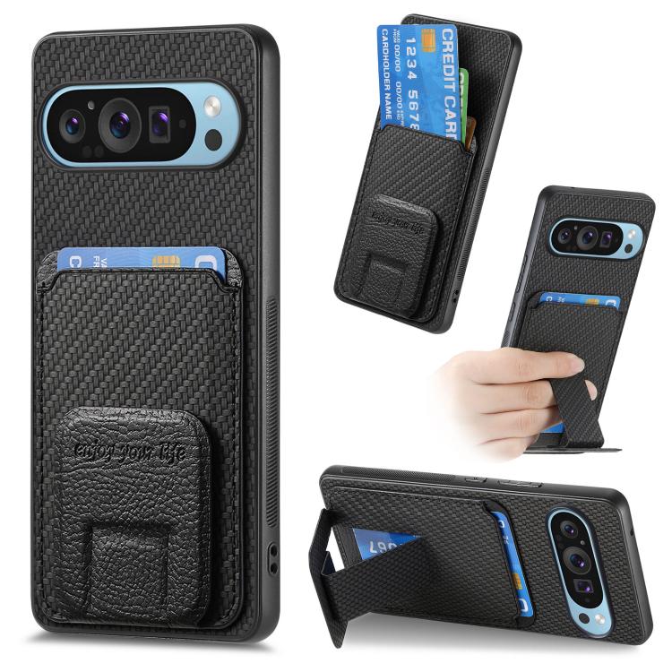 Carbon Fiber Card Bag Fold Stand Phone Case, For Google Pixel 11 Pro XL, For Google Pixel 11, For Google Pixel 11 Pro, For Google Pixel 10 Pro XL, For Google Pixel 9a, For Google Pixel 9 Pro XL, For Google Pixel 8 Pro, For Google Pixel 8               ...
