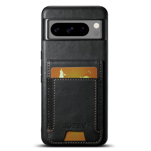 Suteni oil wax leather wallet phone case, black, with card slots and flip pocket