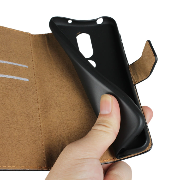 Leather horizontal flip holster wallet with card slot, brown and black, phone case front