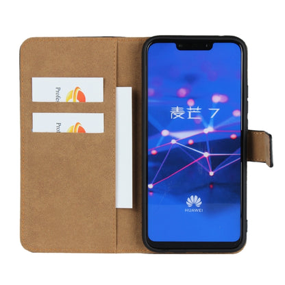 Leather phone flip wallet holster for Huawei Mate 20 Lite, black with tan card slots