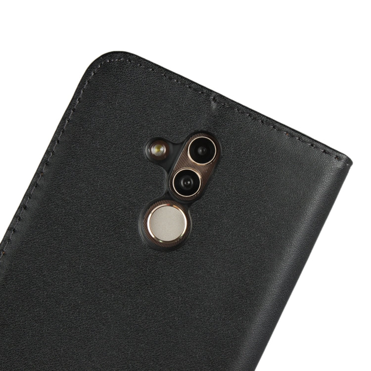 Black leather phone flip wallet holster for Huawei Mate 20 Lite, close-up of camera openings