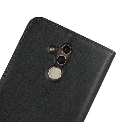 Black leather phone flip wallet holster for Huawei Mate 20 Lite, close-up of camera openings