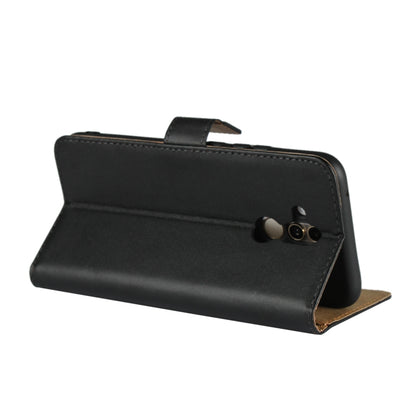 Leather phone flip wallet holster for Huawei Mate 20 Lite, open stand view, black exterior
