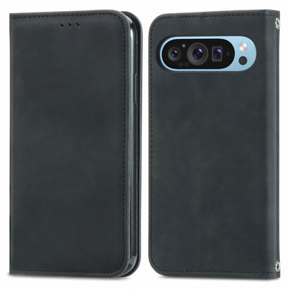 Black flip leather phone case close-up, front camera cutout and stitching for Pixel