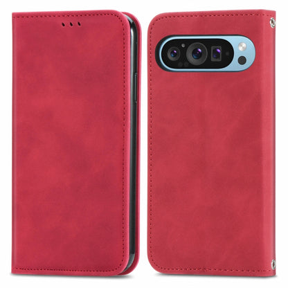 Red magnetic flip leather phone case with stitched edges, cover closed over phone