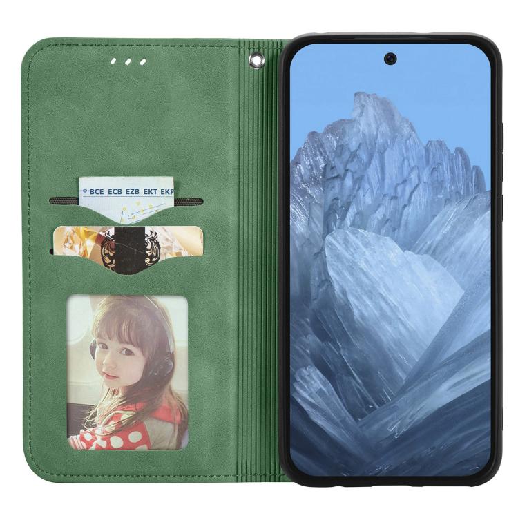 Green magnetic flip leather phone case opened to show card pockets, for Pixel phone