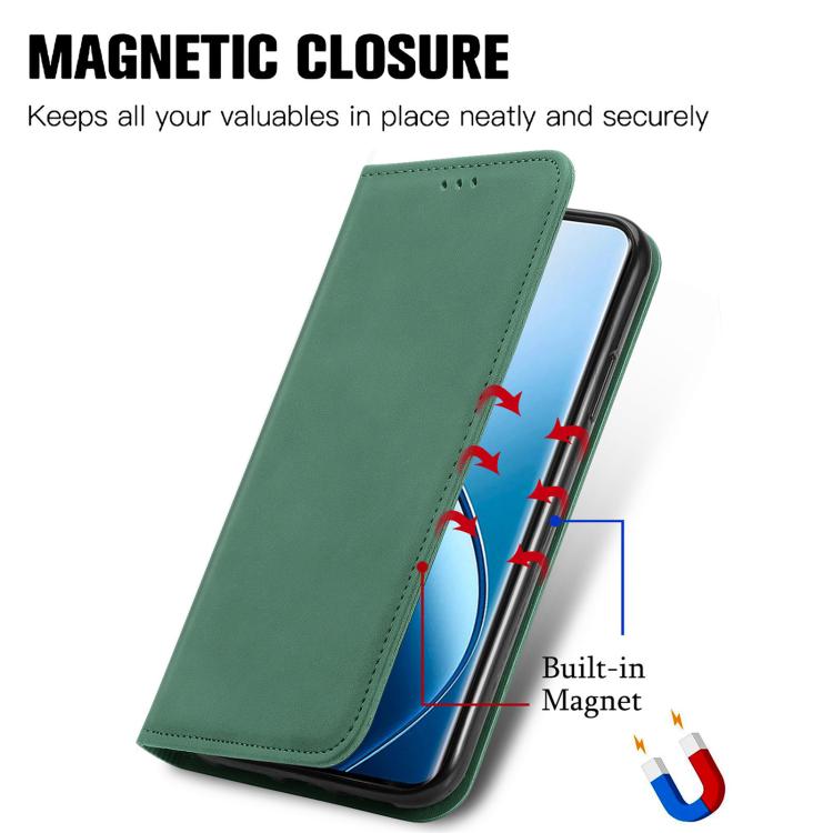 Green magnetic flip leather phone case with magnetic closure, flip cover closed