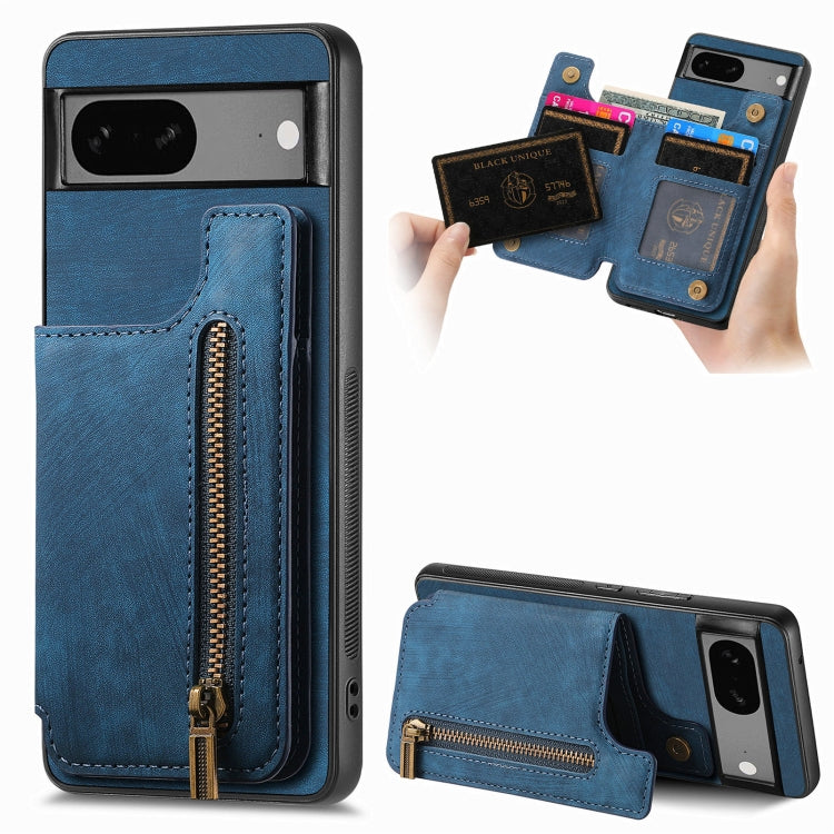 Blue retro leather wallet phone case with zipper and card pocket for the back of a phone