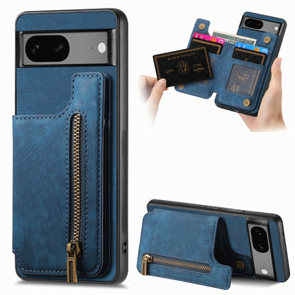 Blue retro leather wallet phone case with zipper and card pocket for the back of a phone