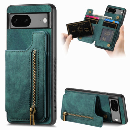 Green retro leather wallet phone case with zipper and card pocket for the back of a phone