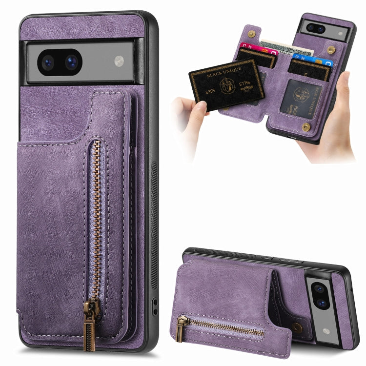 Purple retro leather zipper wallet phone case with card slots and stitched zipper pocket
