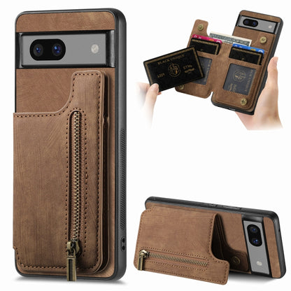 Brown retro leather zipper wallet phone case with card slots and front zipper closure