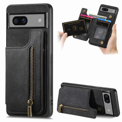 Black retro leather zipper wallet phone case with card slots and gold-tone zipper
