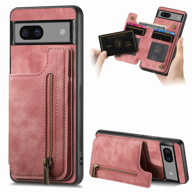 Pink retro leather wallet phone case with side zipper and stitched card pocket panel