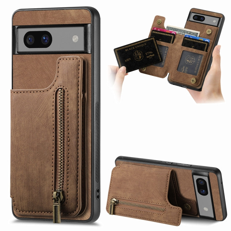 Brown retro leather zipper wallet phone case with card slots and stitched zipper compartment