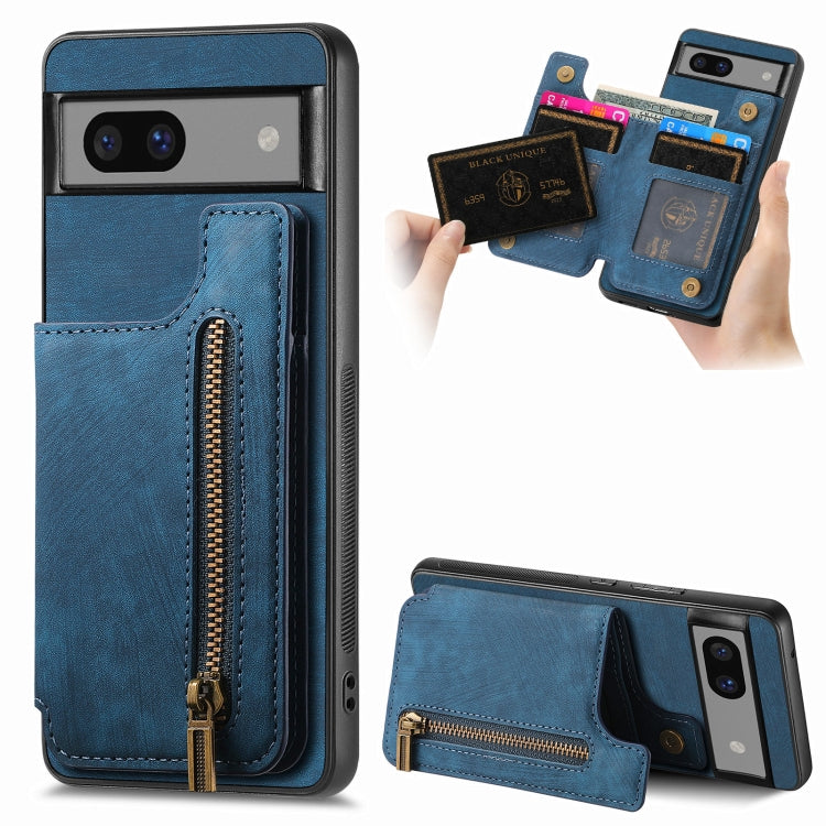 Blue retro leather zipper wallet phone case with card slots and front fold cover