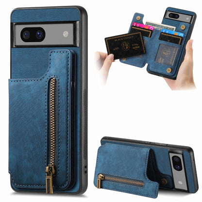 Blue retro leather zipper wallet phone case with card slots and front fold cover