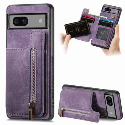 Purple retro leather zip wallet phone case with card slots and camera cutout