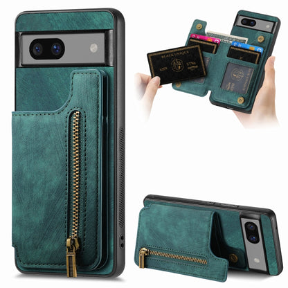 Green retro leather zip wallet phone case with card slots and camera cutout
