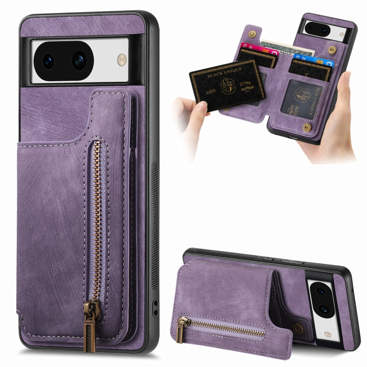 Purple zipper wallet phone case with front flap and gold-tone zipper