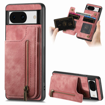 Pink retro leather zipper wallet phone case with card slots and front zip compartment