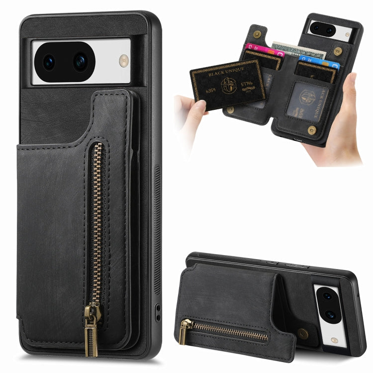 Dark gray retro leather zipper wallet phone case with card slots and front zip pocket