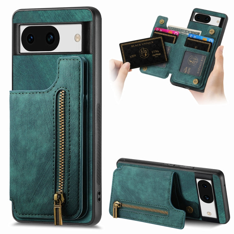 Green retro leather zipper wallet phone case with card slots and front zip compartment
