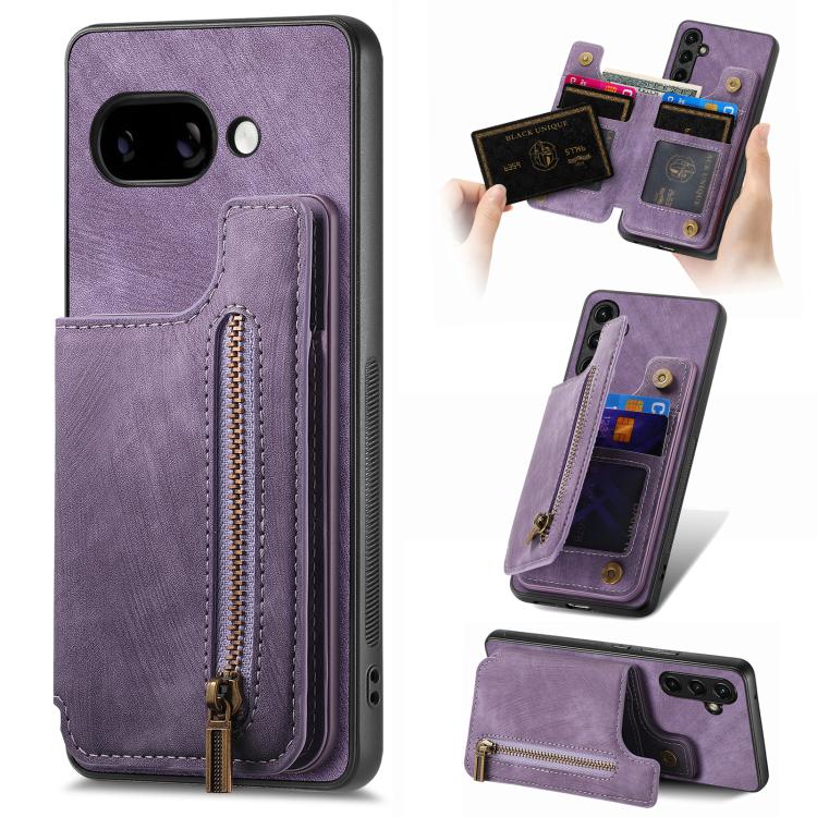 Lavender purple leather zipper wallet phone case with card slots and camera cutout on back.