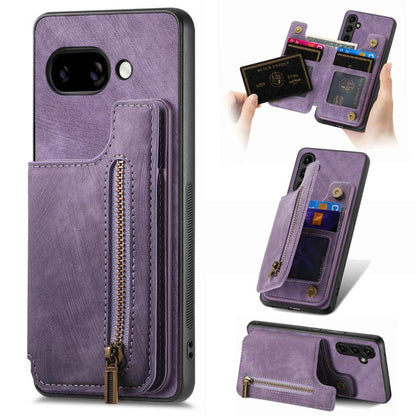 Lavender purple leather zipper wallet phone case with card slots and camera cutout on back.