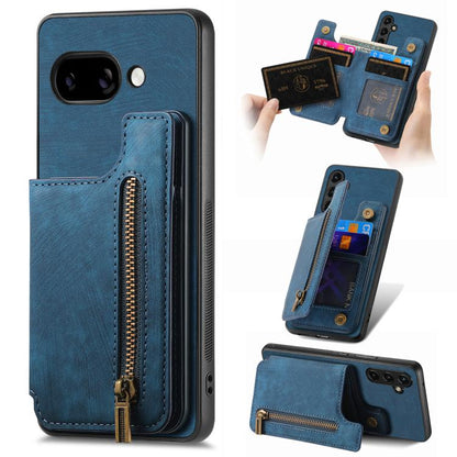 Blue retro leather zipper wallet phone case with card slots and inner compartments