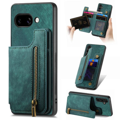 Teal retro leather zipper wallet phone case with card slots and front zip pocket