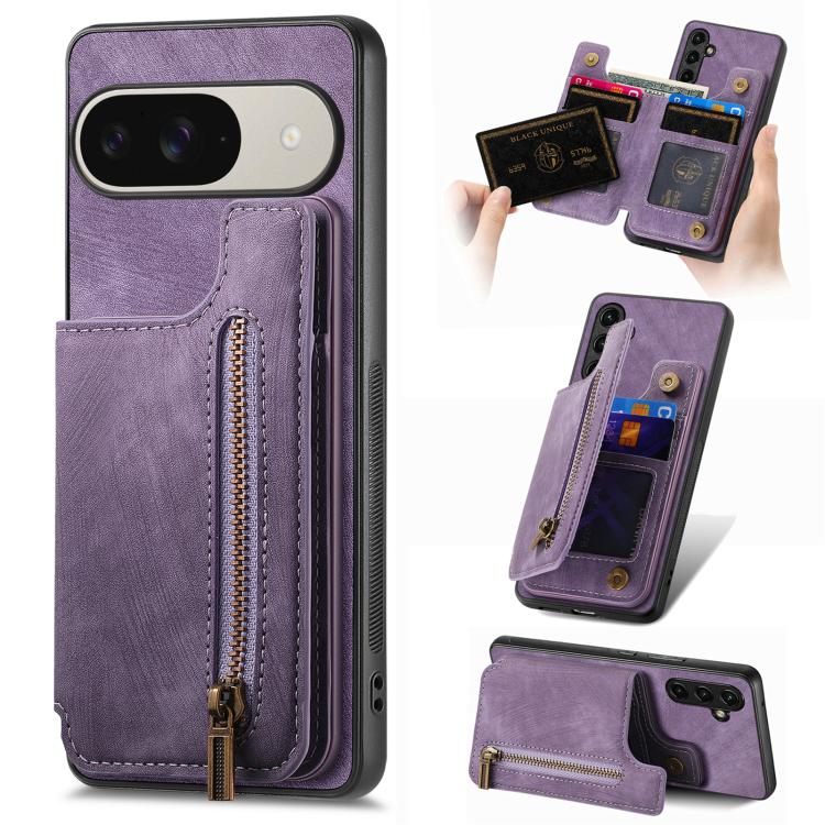 Retro Leather Zipper Wallet Back Phone Case, For Google Pixel 6, For Google Pixel 10 / 10 Pro