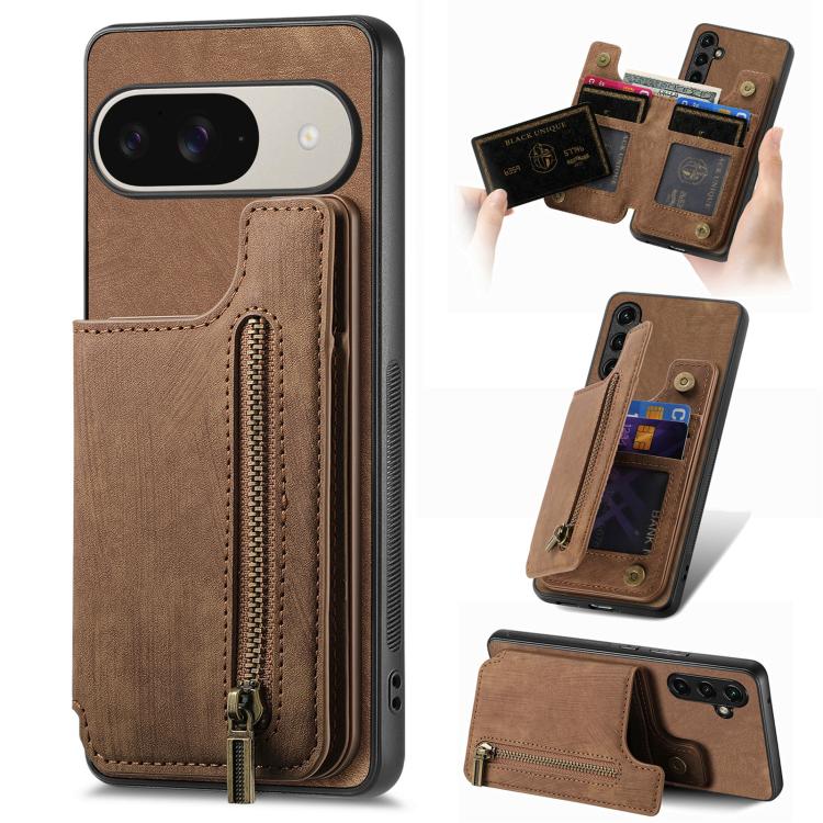 Retro Leather Zipper Wallet Back Phone Case, For Google Pixel 6, For Google Pixel 10 / 10 Pro